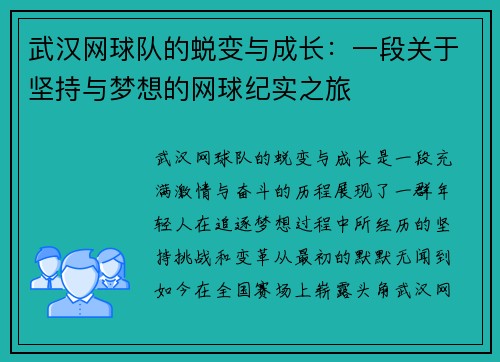 武汉网球队的蜕变与成长：一段关于坚持与梦想的网球纪实之旅